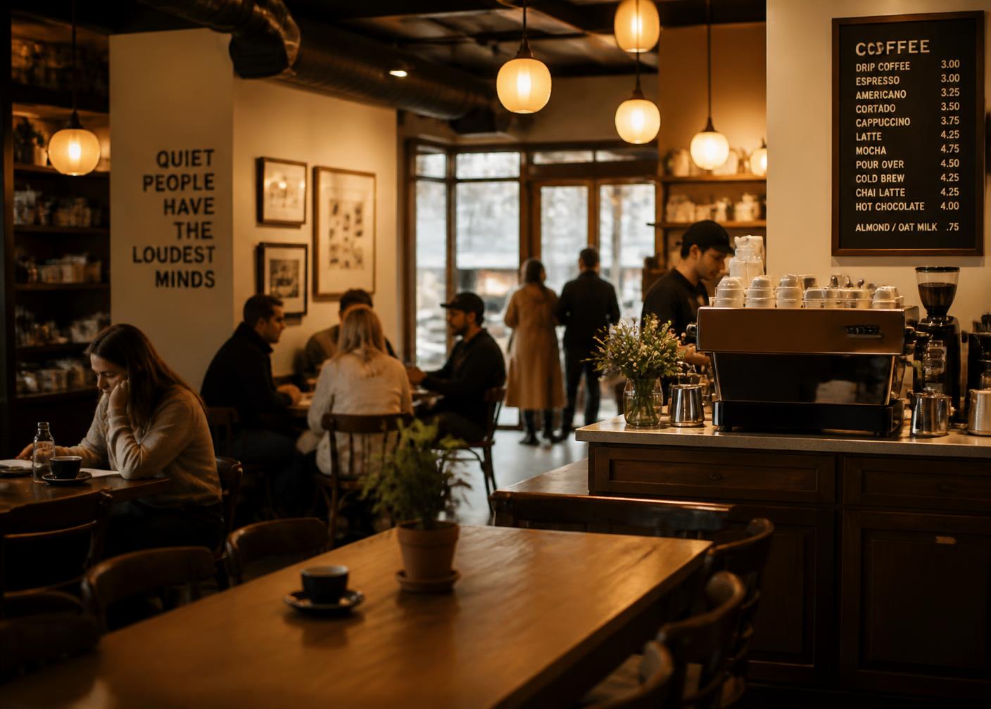 Aurora Cafe’nin sıcak iç mekânında sohbet eden misafirler