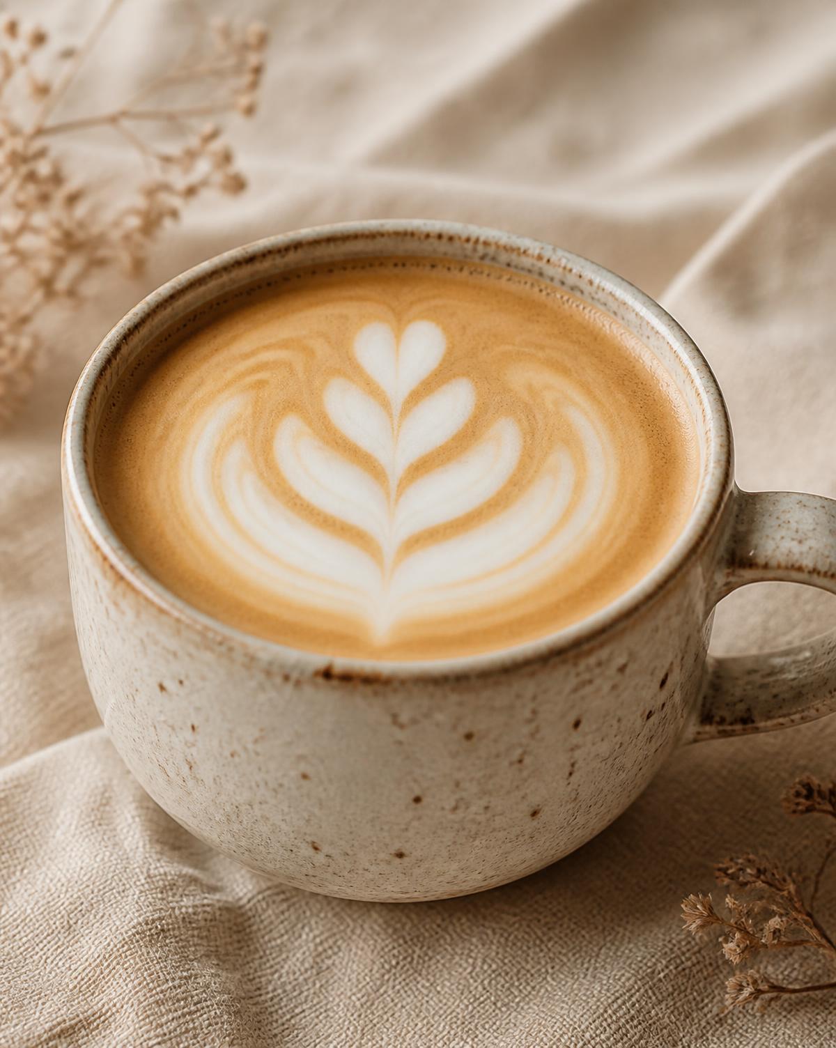 Benekli seramik fincanda rosetta latte art’lı flat white