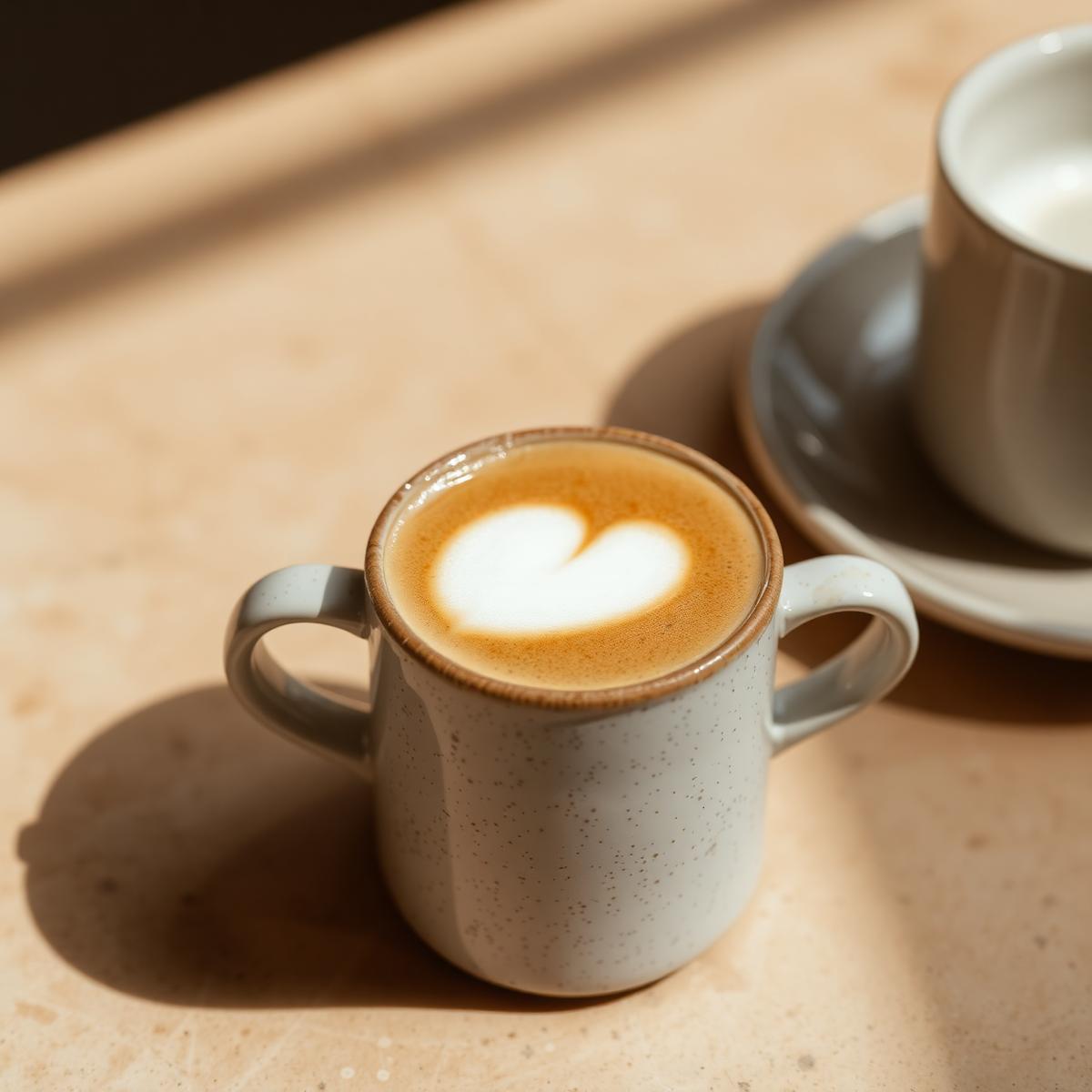 Benekli seramik fincanda cortado, güneşli tezgâh üzerinde