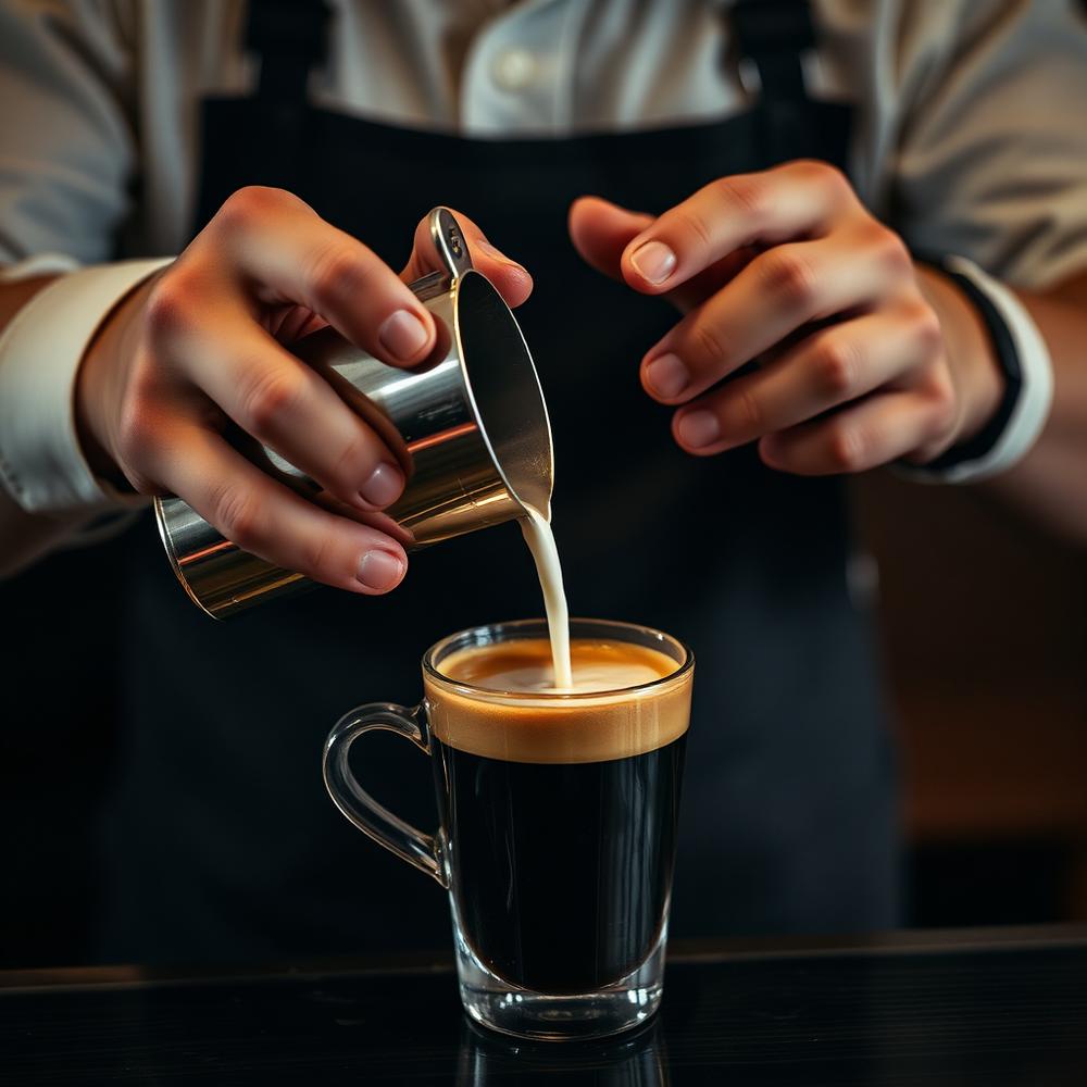 Barista espresso üzerine süt dökerken
